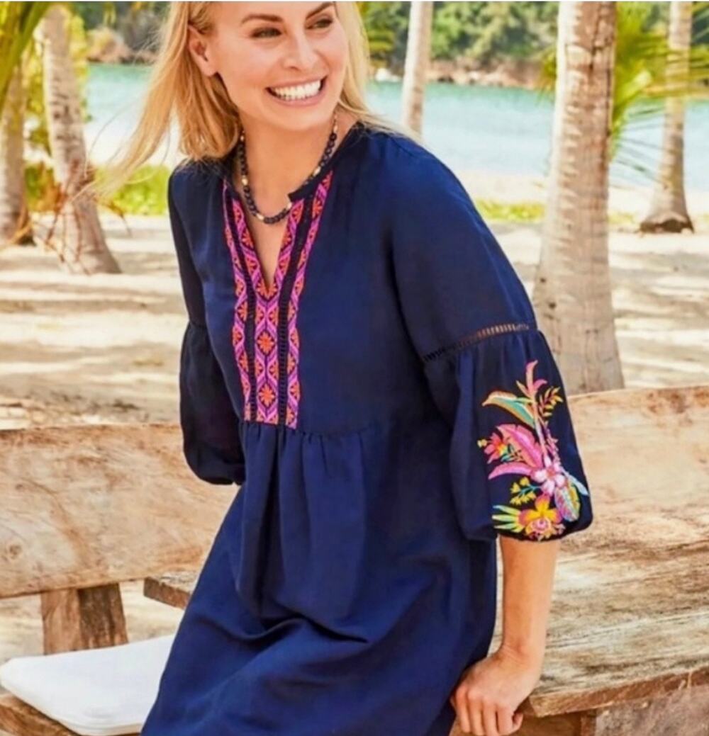 Tommy Bahama Navy Embroidered Linen Blend Dress Size Small